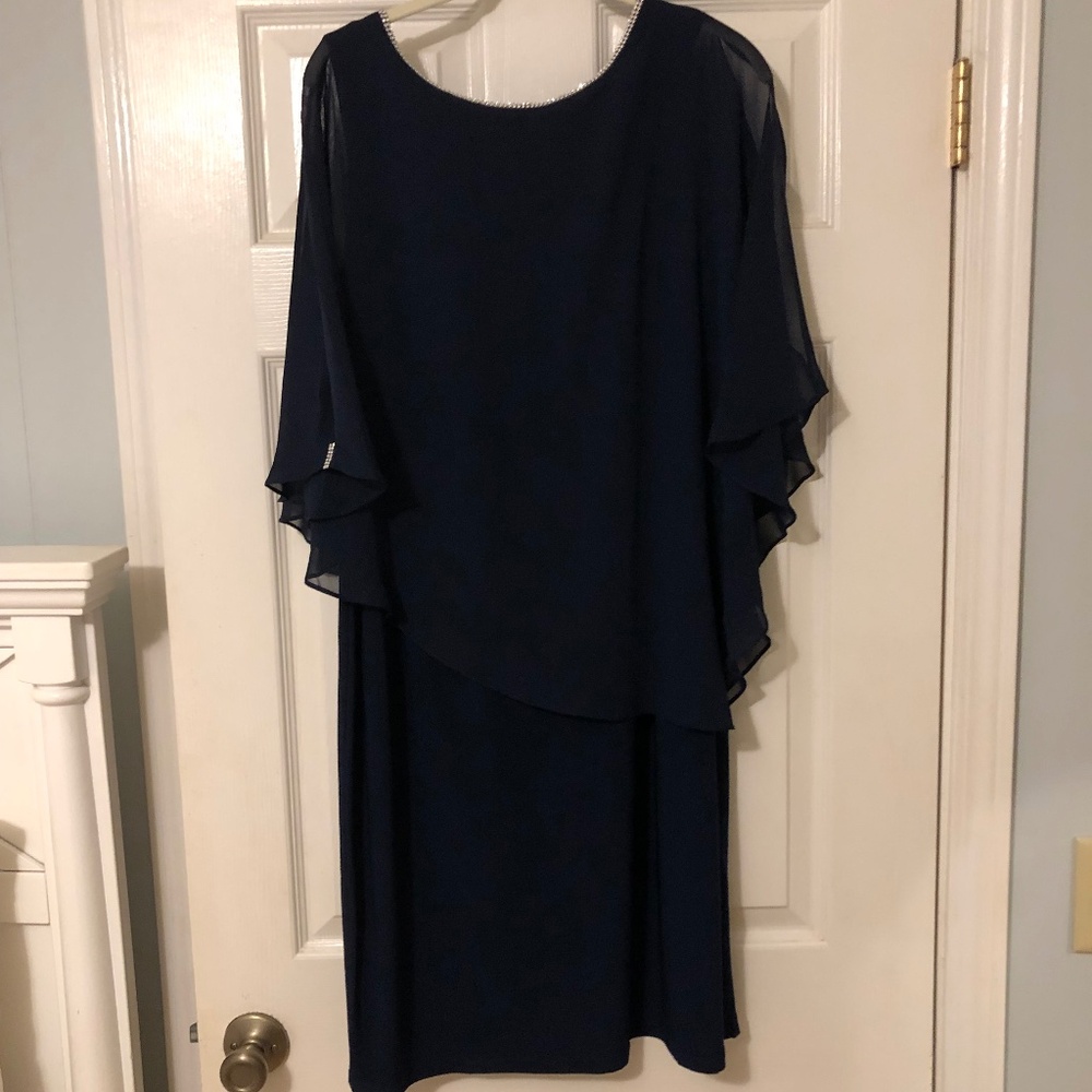 MSK navy chiffon popover dress with rhinestone detailing, 1x, NWT!